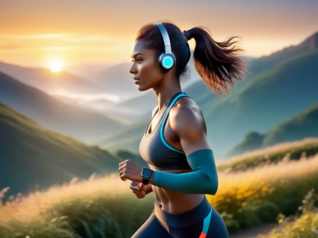 Persona con tecnología wearable para salud integrada en rutina diaria, ejercitándose al aire libre al amanecer