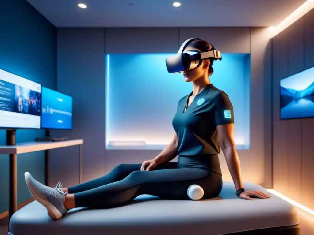 Persona en terapia con prótesis, usando realidad virtual en centro de rehabilitación futurista