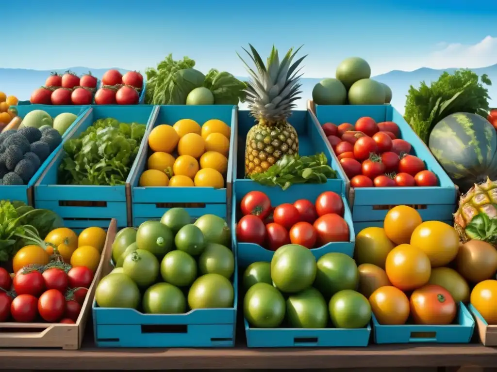 Pintura minimalista de un bullicioso mercado de agricultores, repleto de frutas y verduras frescas y coloridas bajo un cielo azul