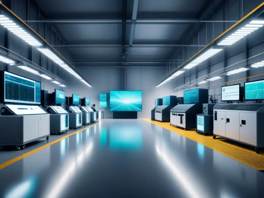Planta industrial futurista con IoT integrado Un piso de fábrica industrial moderna con tecnología IoT integrada, sensores y máquinas inteligentes