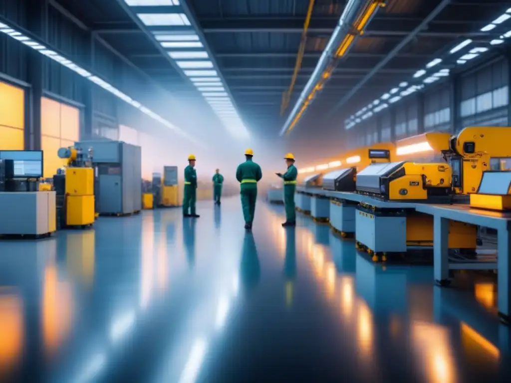 Un piso de fábrica moderno y eficiente con trabajadores en uniforme, utilizando técnicas de Lean Manufacturing