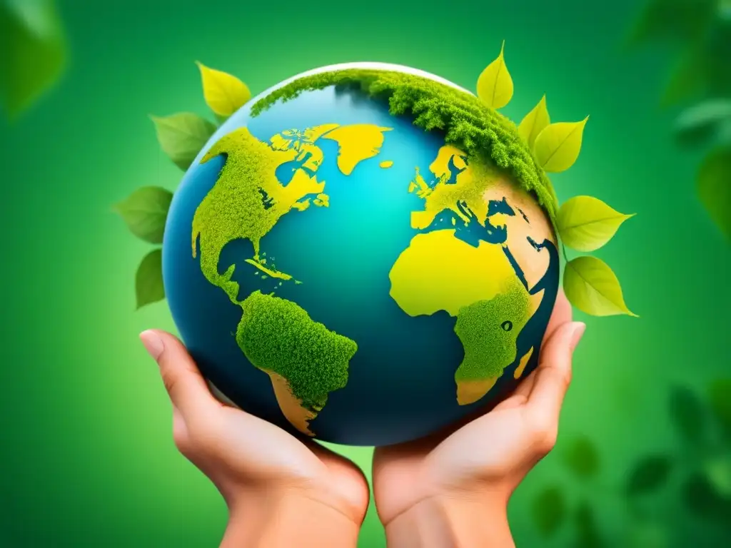 Esfera verde: el impacto global de políticas de captura de carbono Un planeta envuelto en una red verde de hojas, simbolizando políticas globales captura de carbono