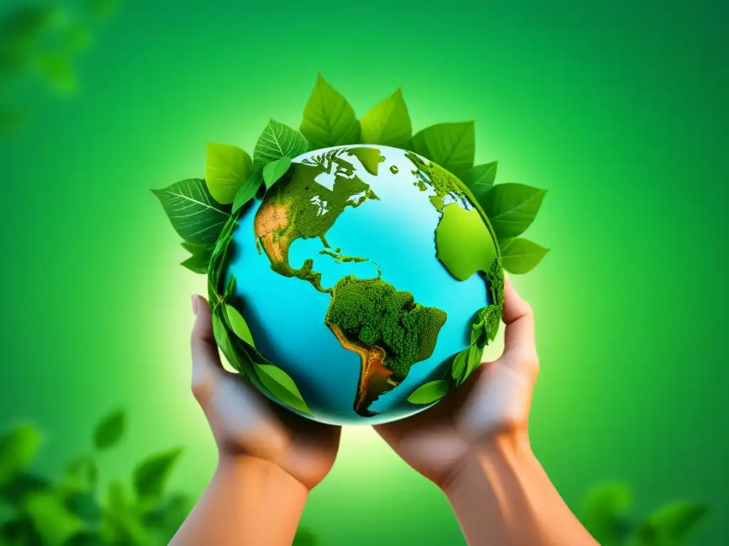 Un planeta formado por hojas verdes entrelazadas, simbolizando la sostenibilidad y la interconexión global