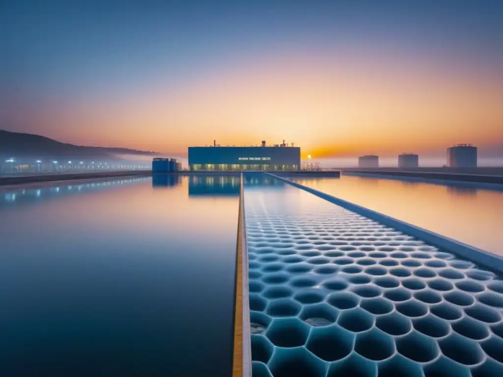 Una planta de desalinización de agua al atardecer, reflejada en aguas tranquilas y cristalinas