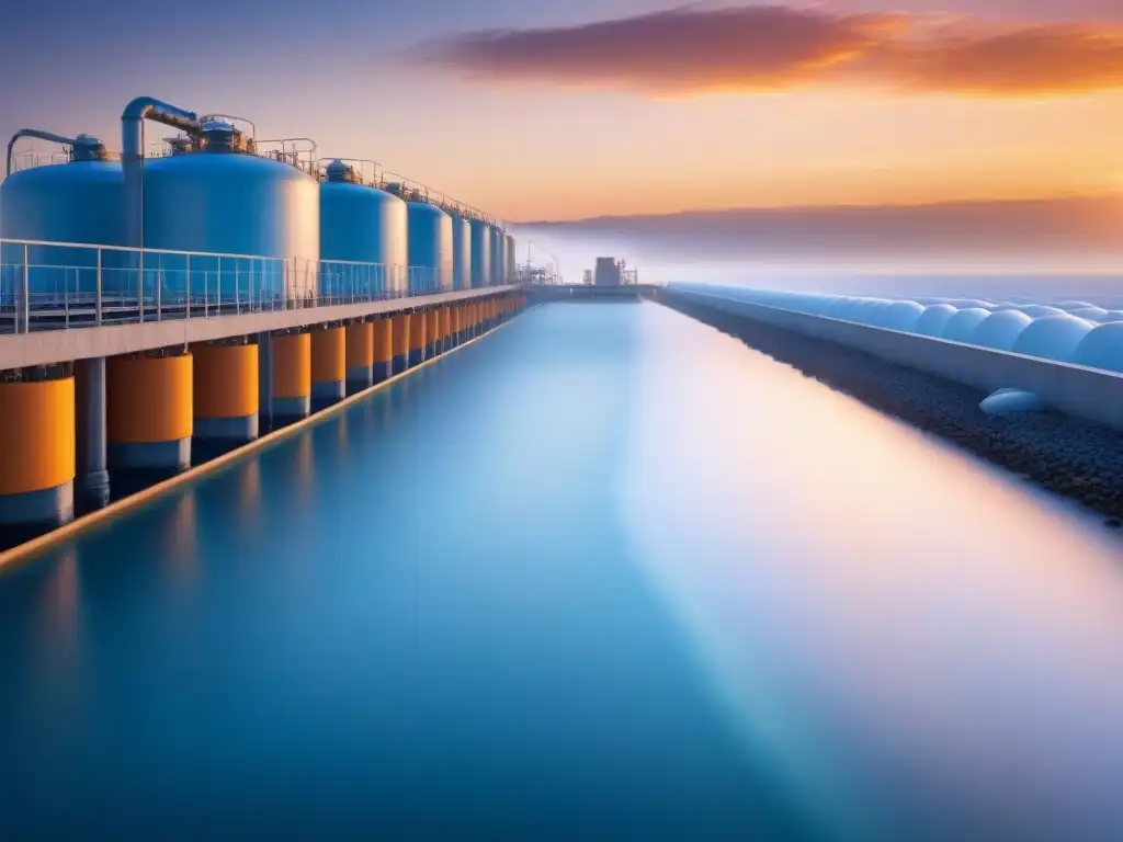 Una planta de desalinización al atardecer, destacando la fusión entre naturaleza y tecnología