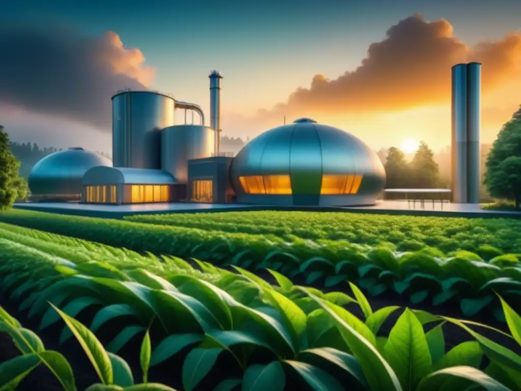 Planta de producción de biocombustibles futurista en armonía con la naturaleza al atardecer