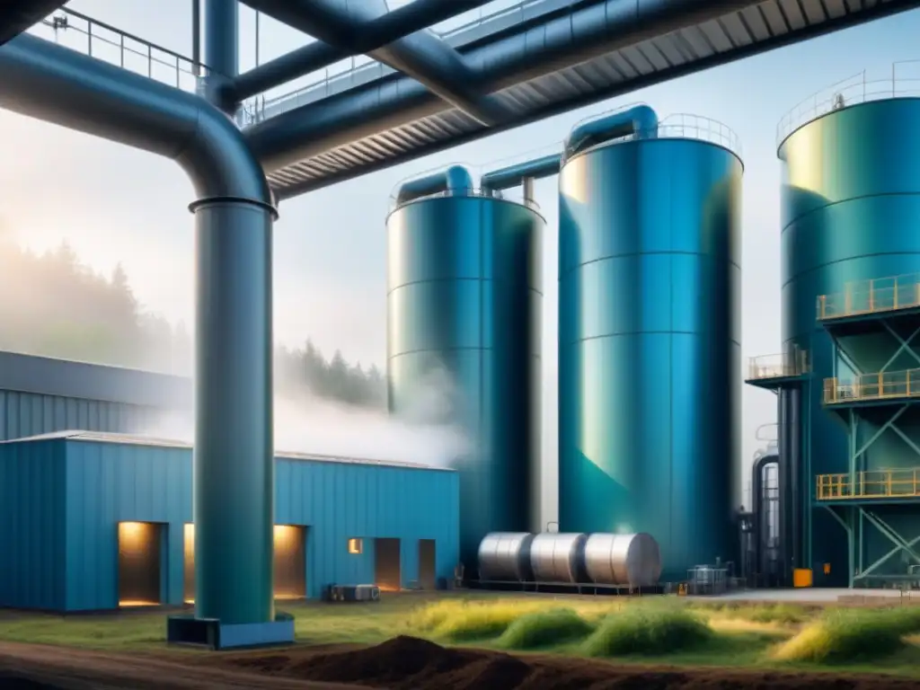 Planta de bioenergía futurista: innovación sostenible Una planta de bioenergía de última generación que convierte residuos orgánicos en energía, con diseño minimalista futurista en tonos verdes y azules