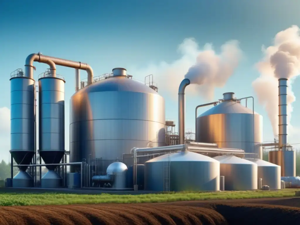 Planta de Biogás Industrial: Tecnología Avanzada y Sostenibilidad Una planta de biogás industrial moderna con diseño minimalista, digestores cilíndricos relucientes bajo el sol, rodeados de maquinaria y tuberías