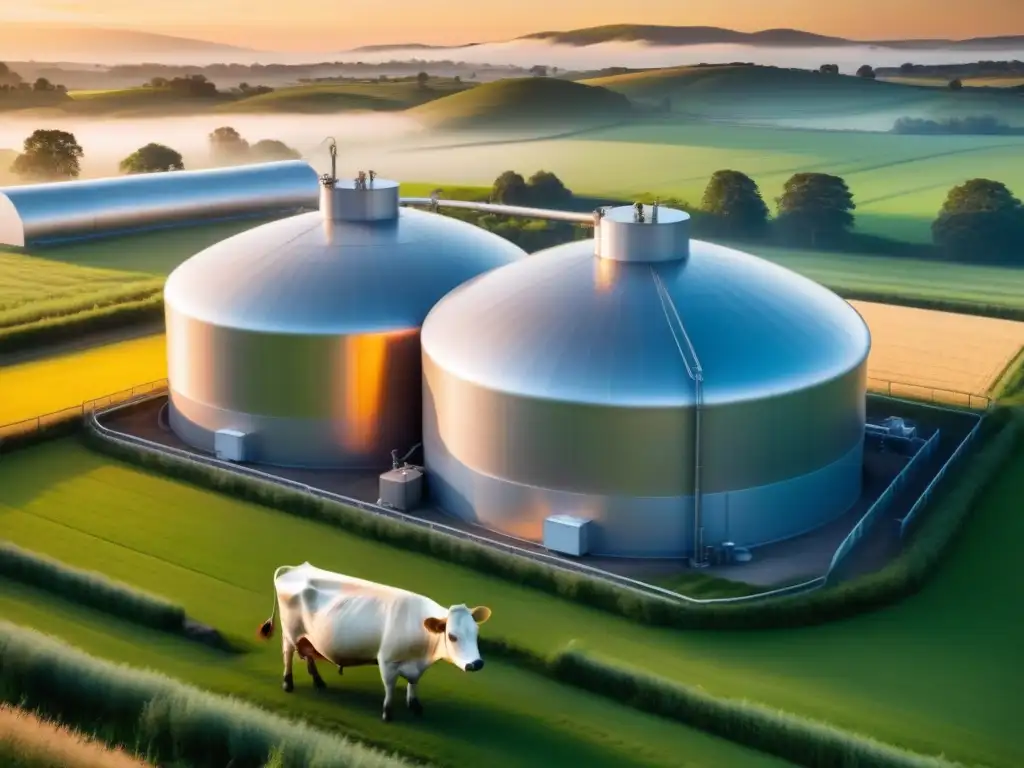 Una planta de biogás moderna al atardecer, con tanques cilíndricos altos reflejando el sol dorado, en un campo verde con vacas pastando