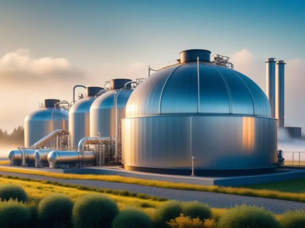 Planta de biogás moderna: tecnología sostenible en acción Planta de biogás moderna convirtiendo residuos orgánicos en energía, con diseño minimalista y tecnología avanzada