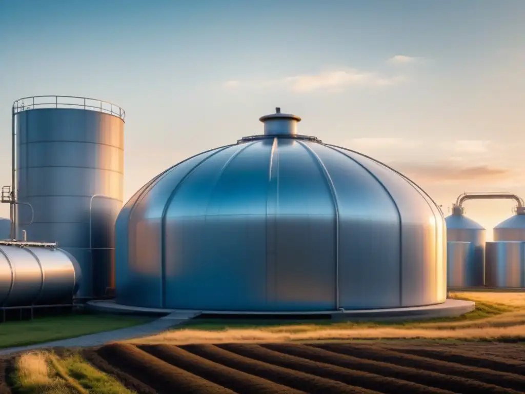 Planta de biogás moderna en armonía con la naturaleza Planta de biogás moderna en tonos tierra, con tanques cilíndricos elegantes bajo un cielo azul
