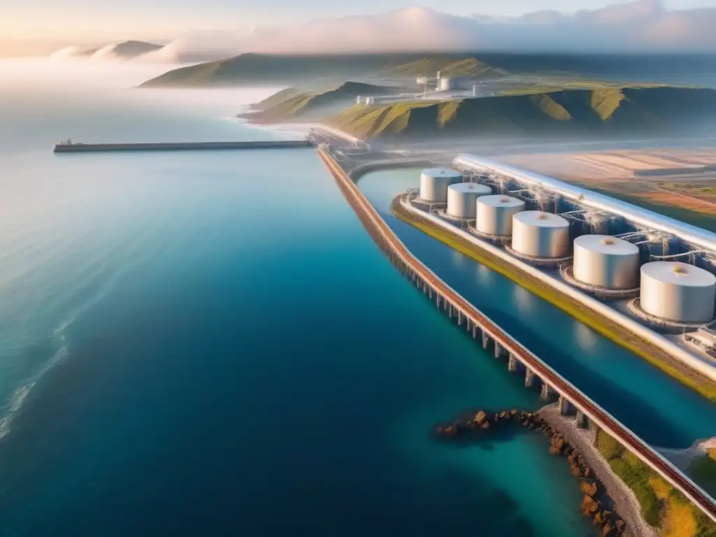 Una planta desalinizadora moderna destaca frente al mar, mostrando la relación entre soluciones tecnológicas y el impacto ambiental