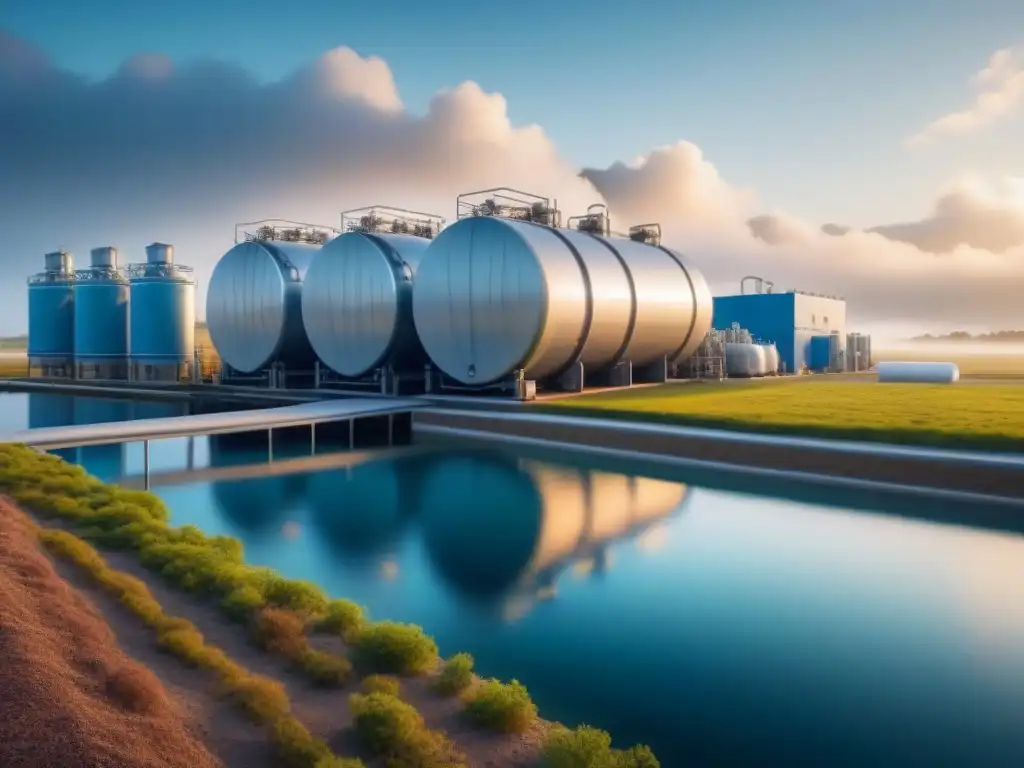 Una planta desalinizadora de vanguardia rodeada de naturaleza, mostrando avances en eficiencia energética desalinización