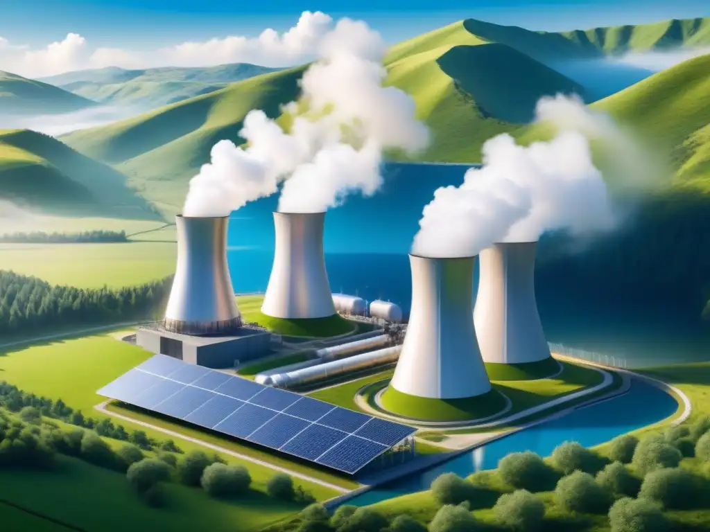 Planta geotérmica futurista en armonía con la naturaleza Una planta de energía geotérmica moderna integrada en un paisaje natural, resaltando la armonía entre tecnología renovable y el entorno