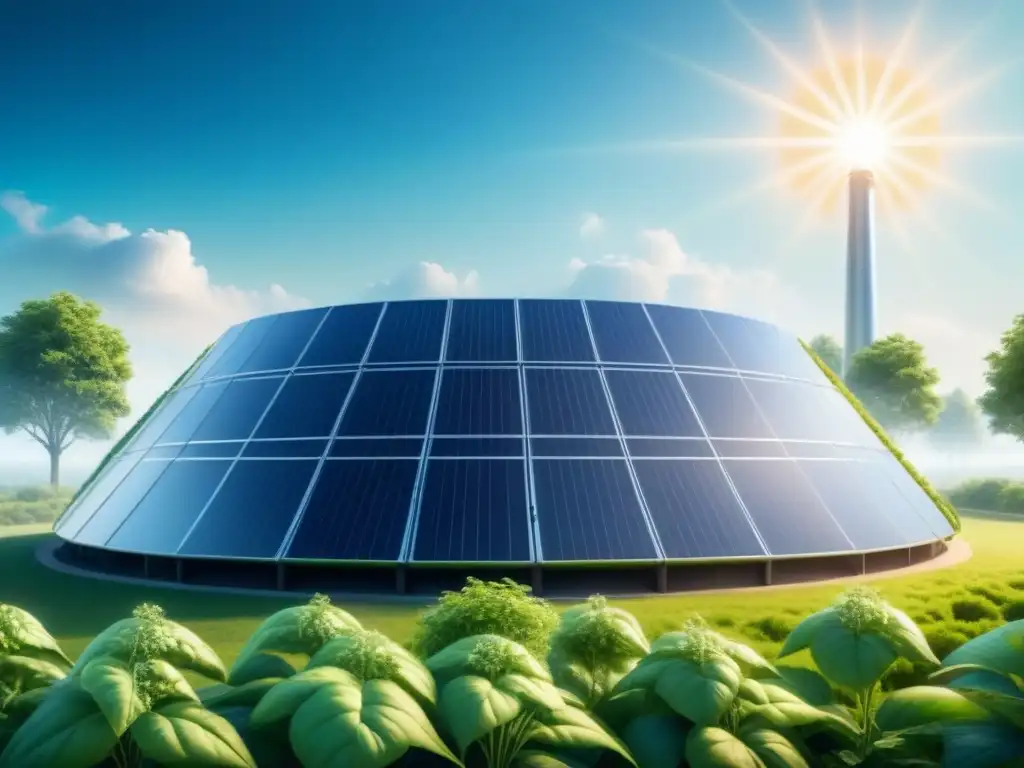 Una planta de energía verde futurista con tecnología avanzada y naturaleza exuberante bajo el sol brillante