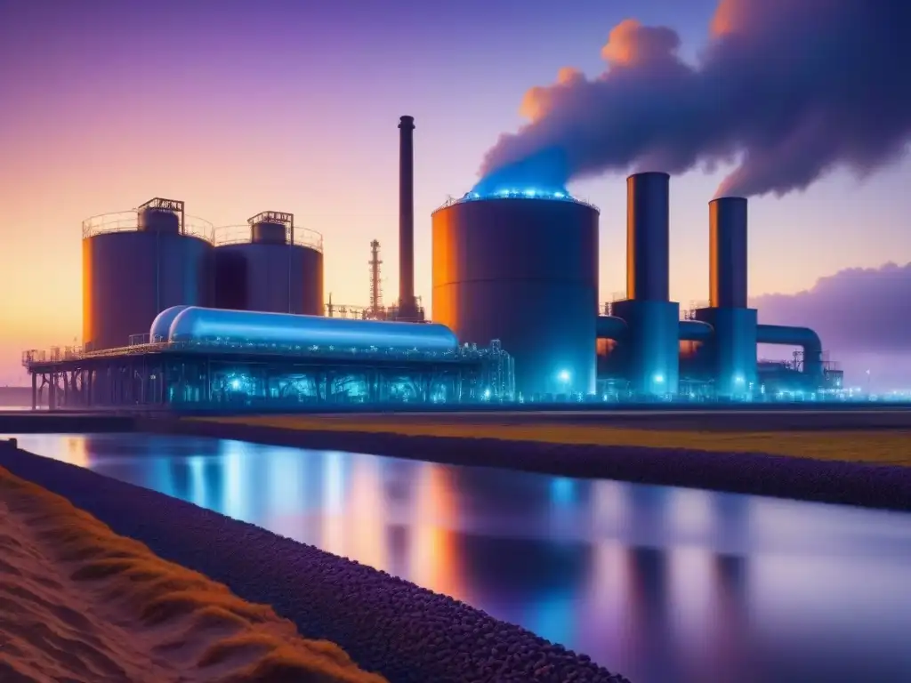 Una planta de desalinización futurista al atardecer, con estructuras silueteadas contra el cielo anaranjado y morado