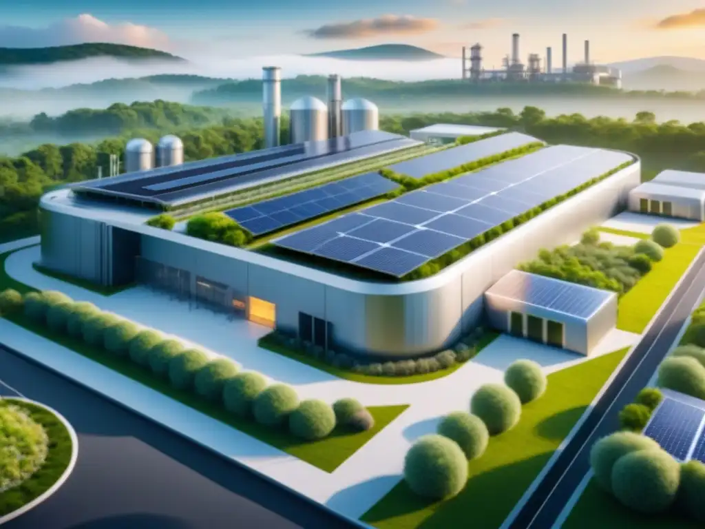 Una planta química futurista con automatización de procesos químicos sostenible integrada en su diseño, rodeada de exuberante vegetación