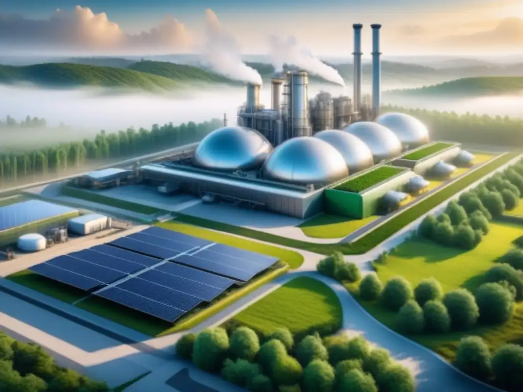 Planta bioenergética futurista: innovación sostenible Planta futurista de biocombustibles 3ra generación con tecnologías avanzadas y entorno sostenible