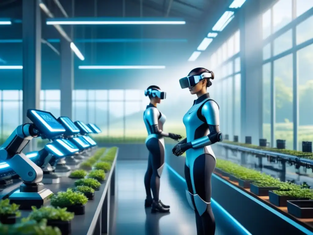 Una planta de fabricación futurista con brazos robóticos metálicos trabajando junto a operarios humanos, en armonía