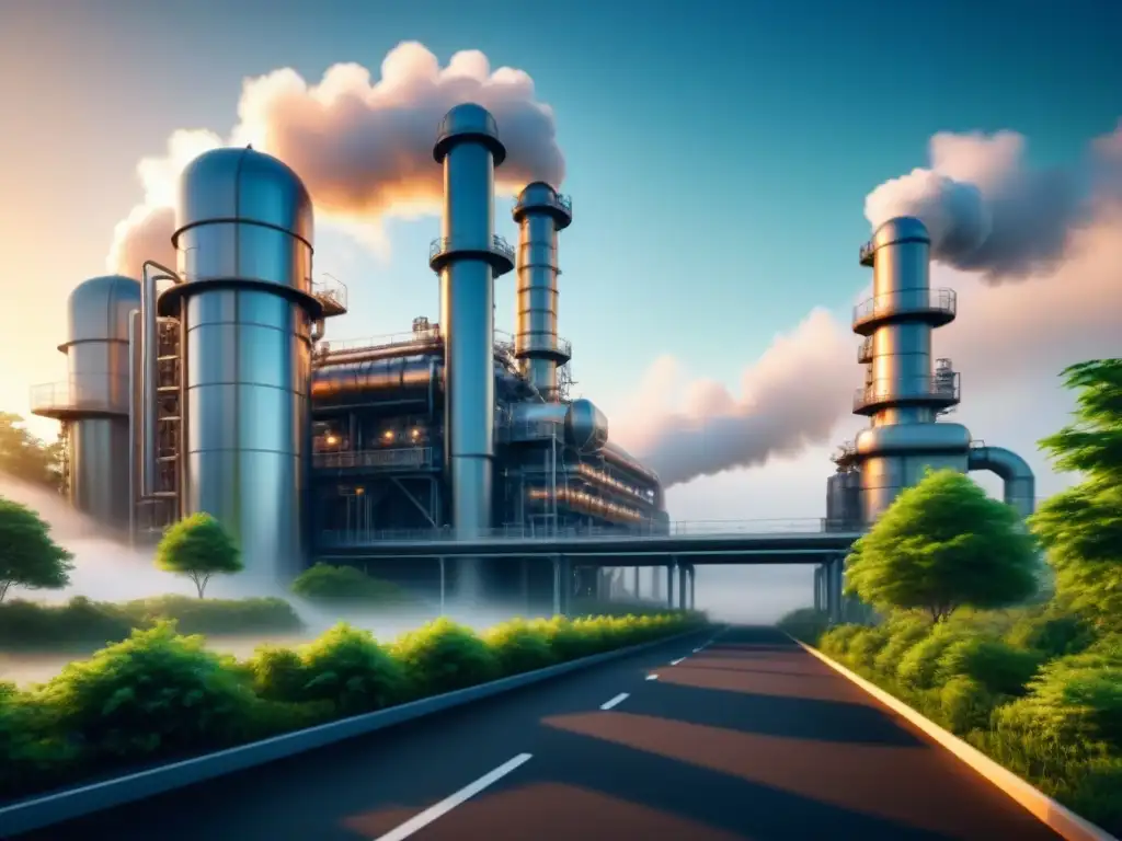 Planta química futurista con diseño minimalista y tecnología ecofriendly, rodeada de vegetación exuberante