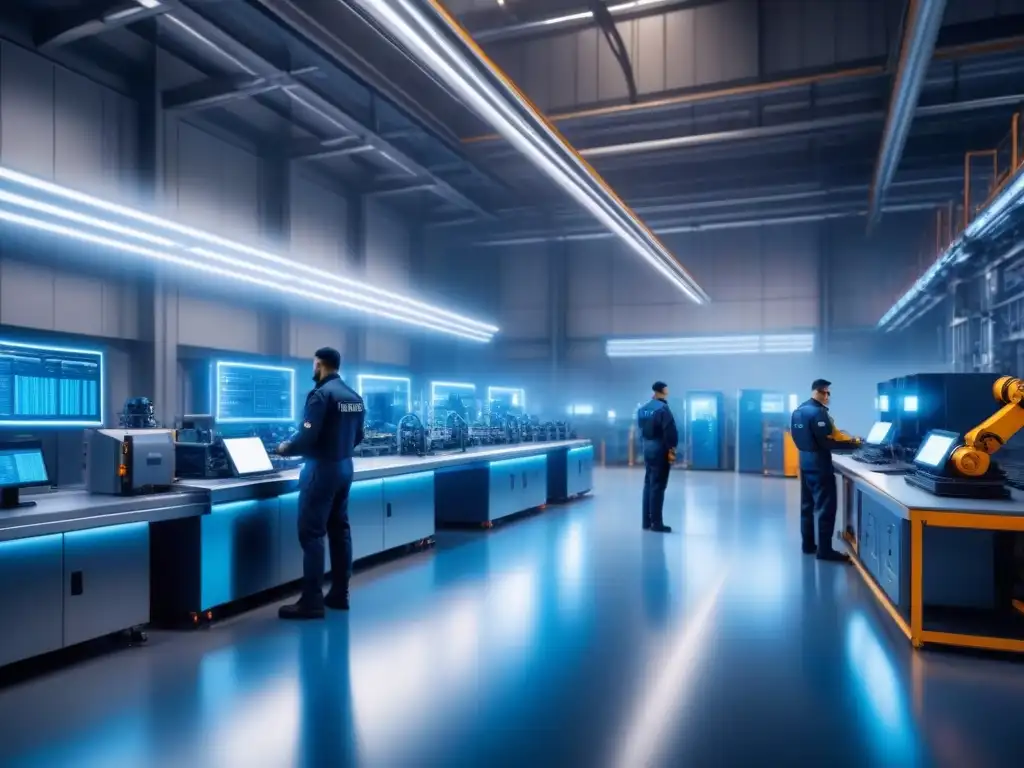 Una planta de fabricación futurista con estructuras metálicas y brazos robóticos avanzados trabajando en armonía en un suelo de fábrica minimalista y elegante