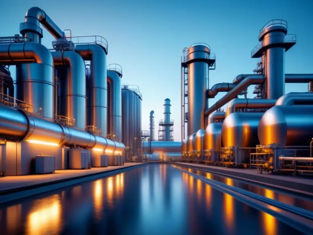 Planta química futurista: sostenibilidad y tecnología avanzada Planta química futurista con estructuras metálicas y luces energéticas, representando la producción químicos sostenibles con inteligencia artificial