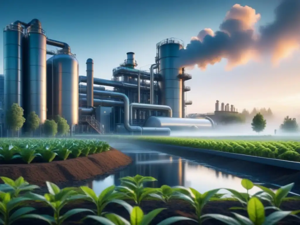 Una planta de bioremediación futurista integrada en un paisaje industrial, mostrando tecnología de vanguardia y técnicas de ingeniería genética