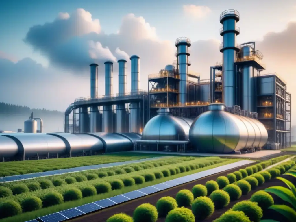 Planta química futurista con tecnología avanzada y sostenible Planta química futurista con inteligencia artificial, energías sostenibles y paisaje verde, innovación en producción químicos sostenibles