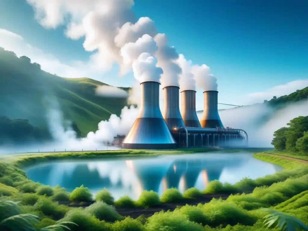 Planta geotérmica futurista integrada en paisaje verde exuberante Una planta geotérmica futurista se integra perfectamente en un paisaje verde exuberante, equilibrando naturaleza y tecnología
