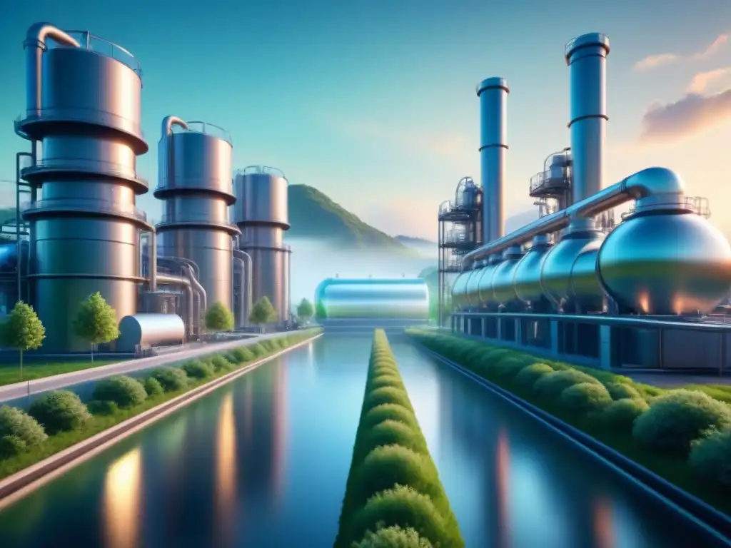 Ilustración de planta industrial futurista con aplicaciones de biocatalizadores en industria, paisaje verde vibrante