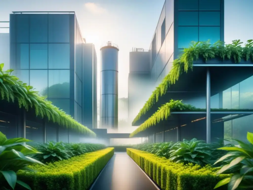 Planta industrial futurista con nanorecubrimientos, reflejando armonía entre industria y naturaleza