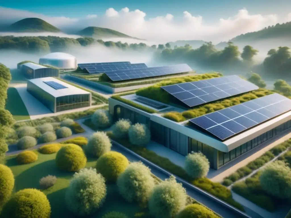 Planta industrial futurista integrando bioingeniería en paisaje verde, ejemplificando casos de éxito proyectos bioingeniería