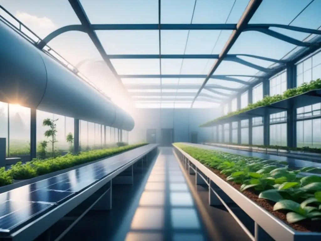 Planta industrial futurista con diseño ecofriendly rodeada de vegetación y paneles solares