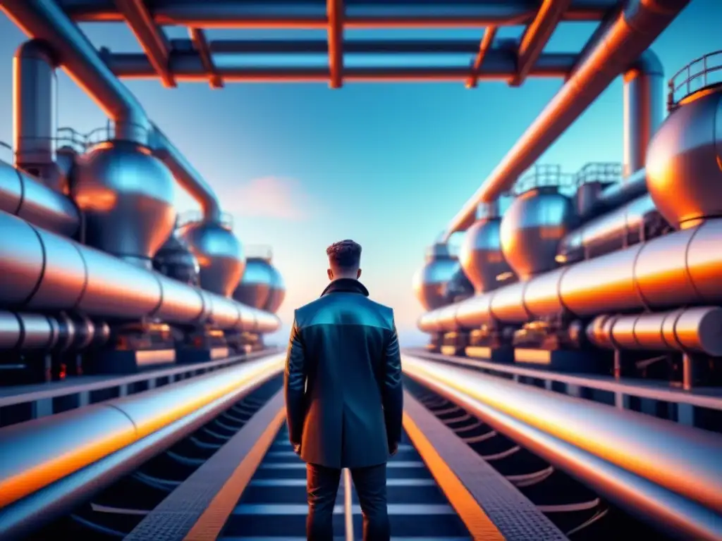 Una planta industrial futurista con implementación de energía de fusión, reactores brillantes y redes de tecnología
