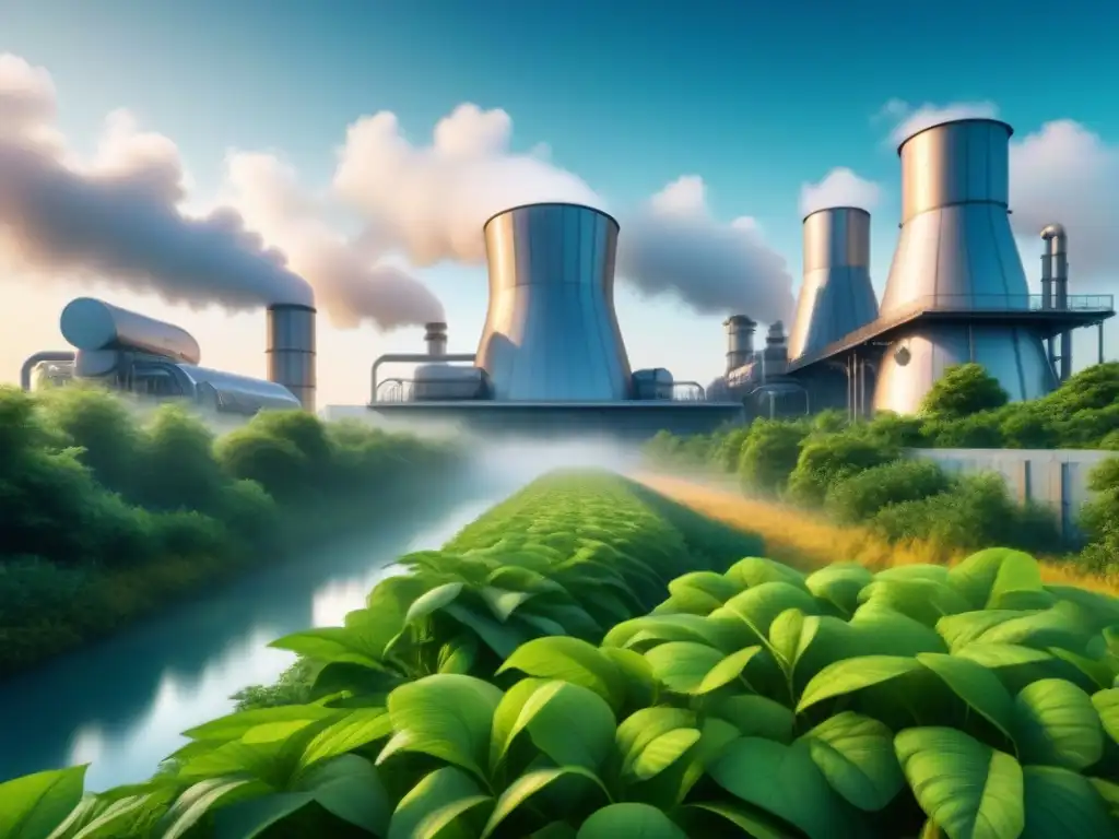 Planta industrial futurista 8k con energías renovables y nanotecnología Planta industrial futurista con energías renovables y nanotecnología en lucha cambio climático