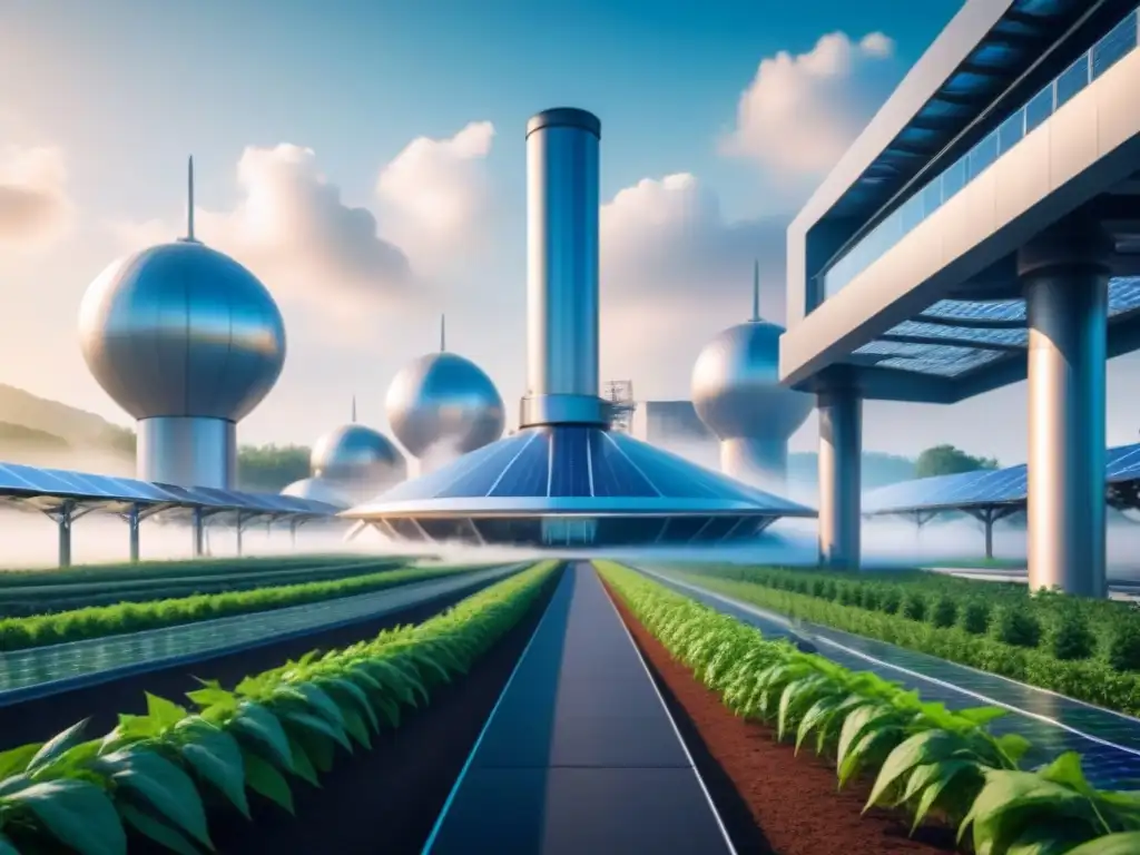 Planta industrial futurista con estructuras metálicas, energías limpias y naturaleza