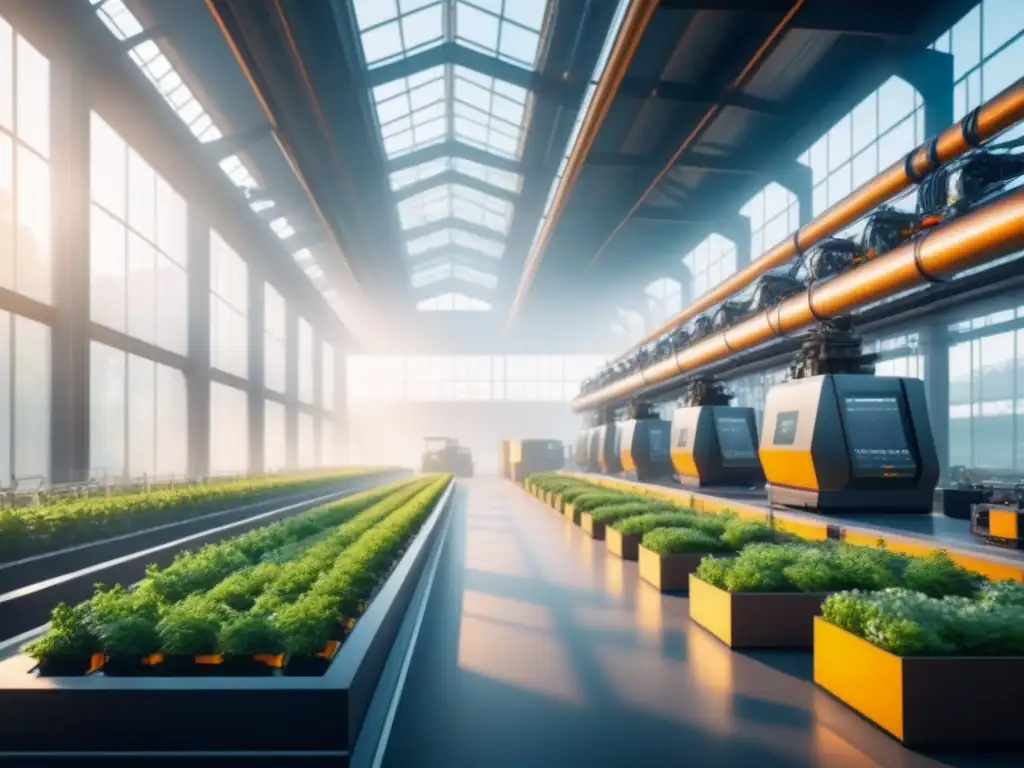 Una planta industrial futurista con estructuras metálicas y vegetación vibrante, integrando software automatización sostenibilidad industrial