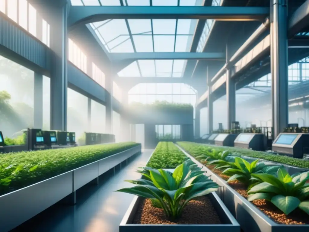 Una planta industrial futurista con estructuras metálicas y vegetación, integrando la inteligencia artificial en reciclaje industrial