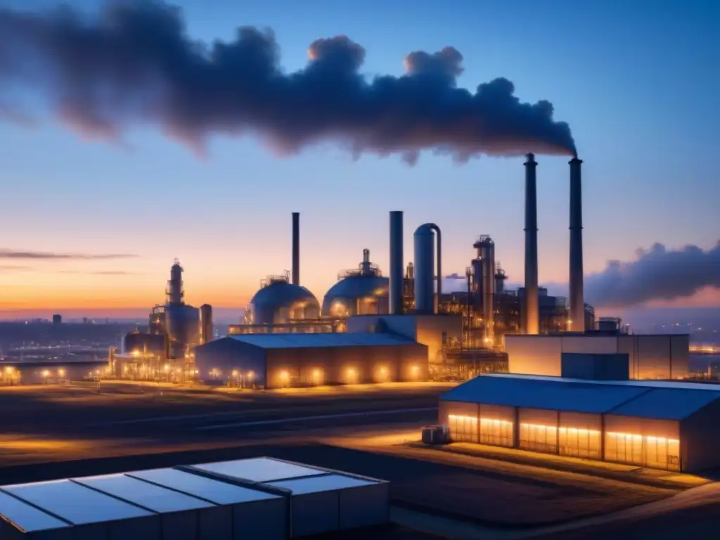 Una planta industrial futurista iluminada al anochecer, con la ciudad brillando al fondo