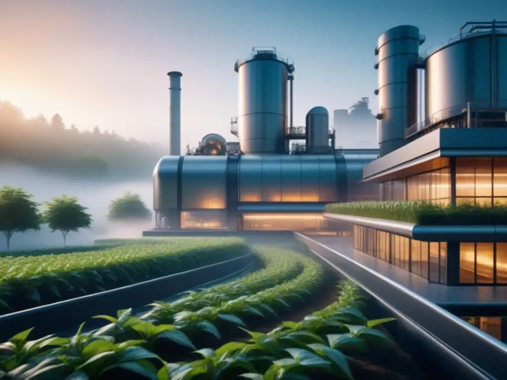 Planta industrial futurista integrada con vegetación exuberante, reflejando la gestión de la innovación industrial