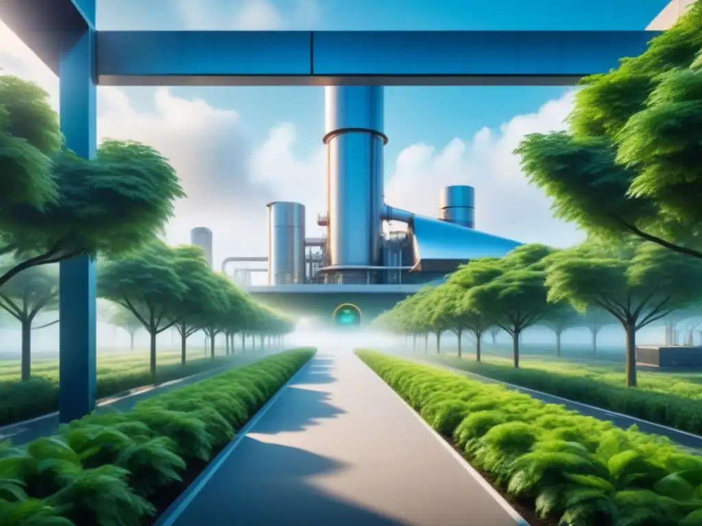 Una planta industrial futurista integrada en un paisaje verde, simbolizando la sostenibilidad en la industria