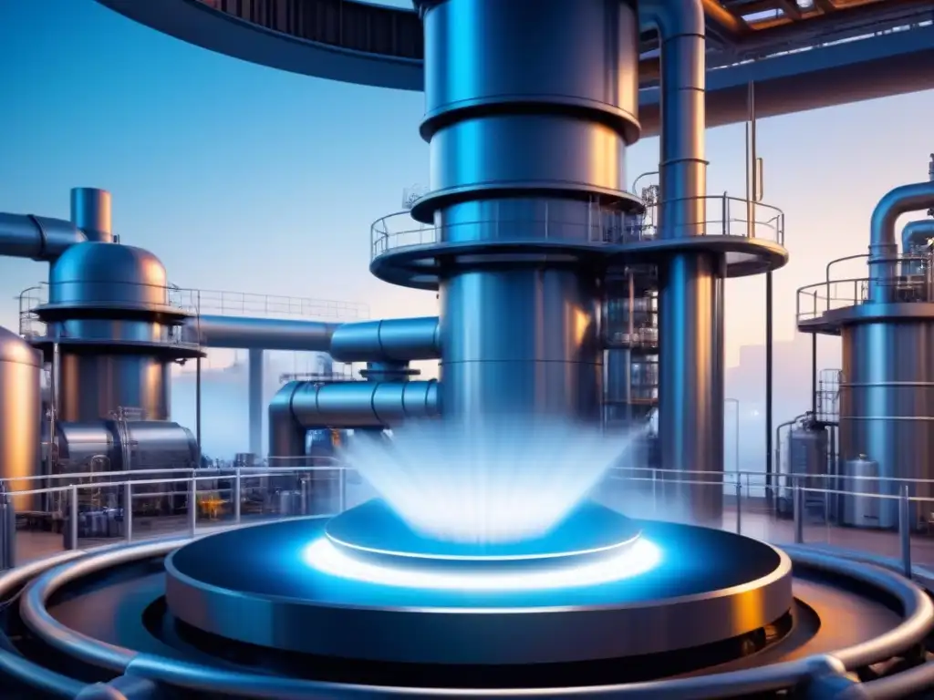 Una planta industrial futurista con maquinaria sofisticada y tuberías en un diseño circular, bañada en luz azul, representa la recuperación de energía en industrias