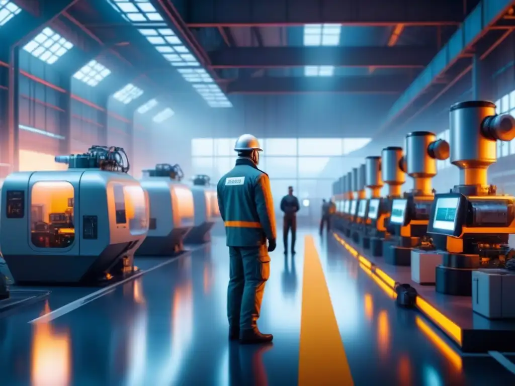 Una planta industrial futurista con maquinaria avanzada impulsada por inteligencia artificial, junto a trabajadores humanos en armonía