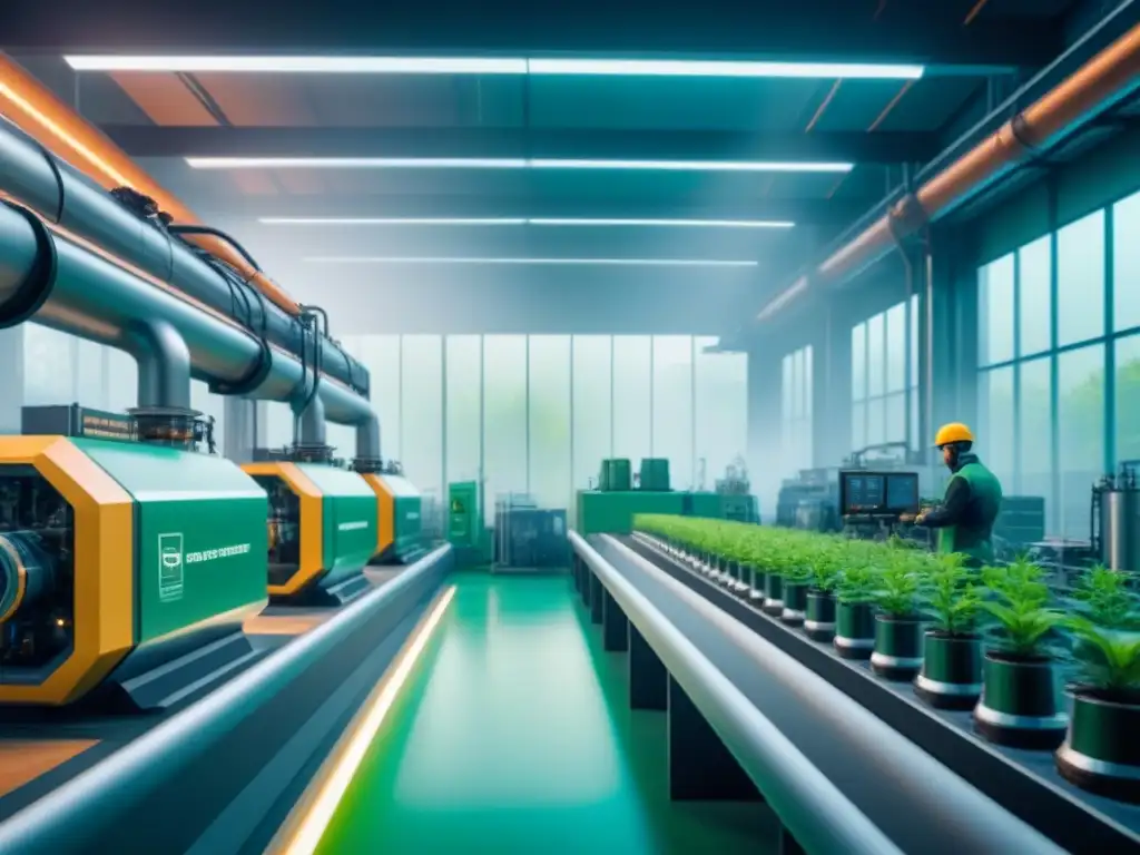 Planta industrial futurista: ecoinnovación AI y naturaleza Planta industrial futurista con maquinaria AI, rodeada de naturaleza, simbolizando la coexistencia de tecnología y naturaleza en el paisaje industrial