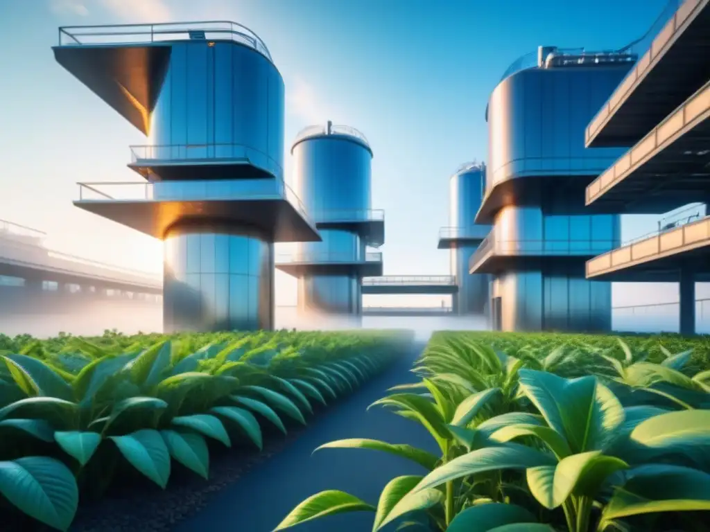 Planta industrial futurista en armonía con la naturaleza, aplicaciones industriales de bioenergía sostenible