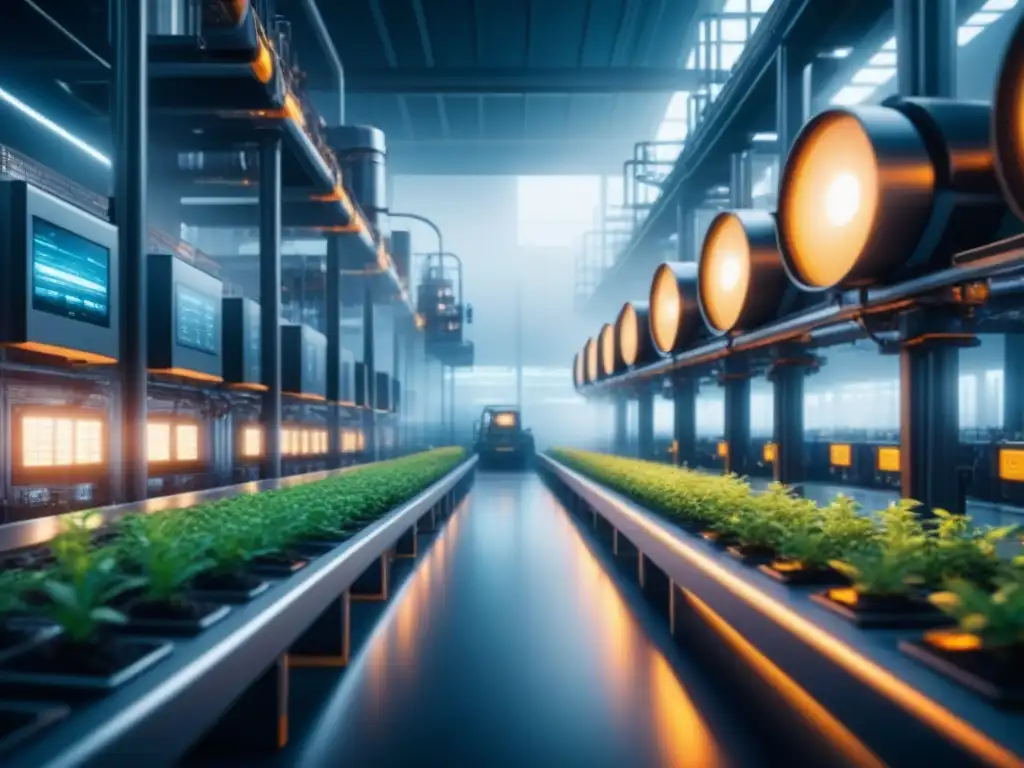 Planta industrial futurista con nodos blockchain integrados, mostrando la fusión de tecnología avanzada y operaciones industriales