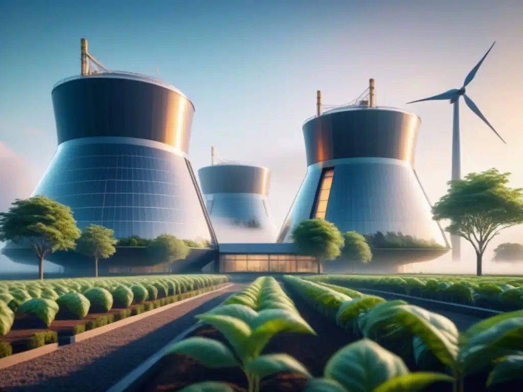 Una planta industrial futurista en un paisaje verde, con tecnología avanzada y biología sintética aditivos industriales futuro integrados