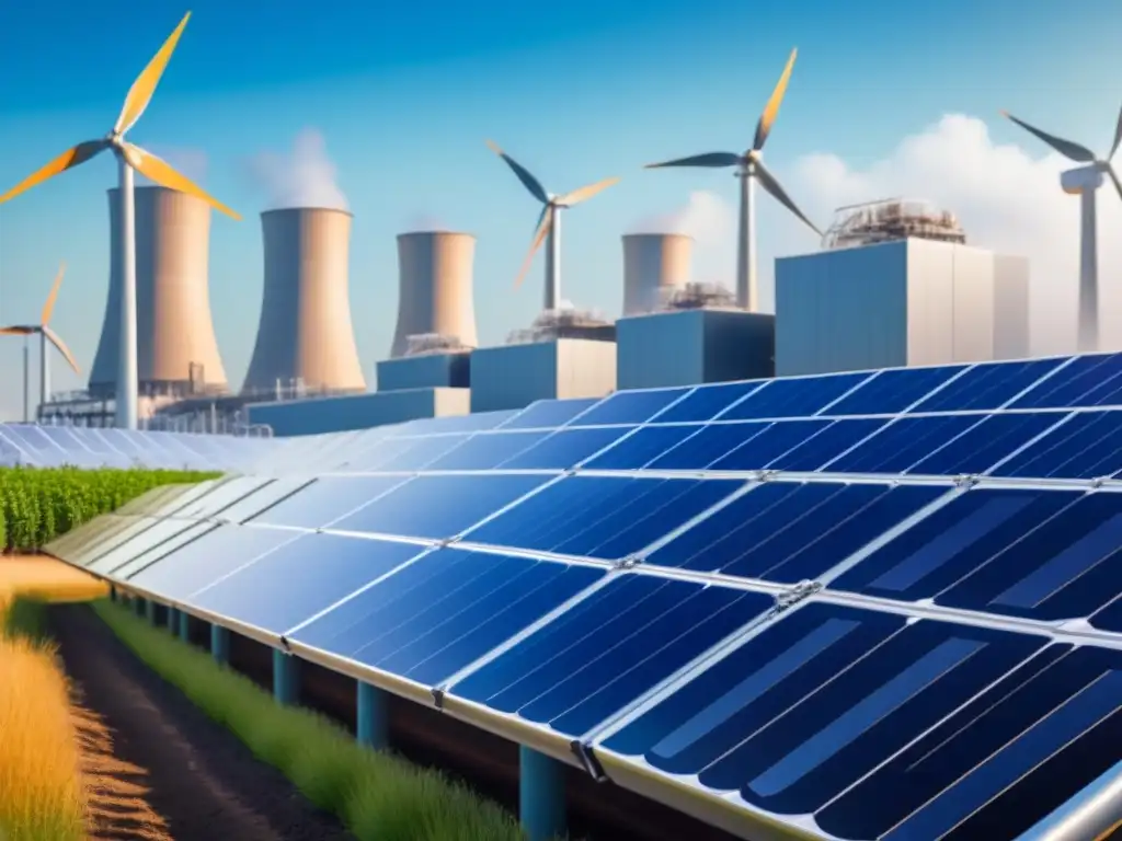 Una planta industrial futurista con paneles solares y turbinas eólicas, mostrando procesos de recuperación de energía en industrias sostenibles