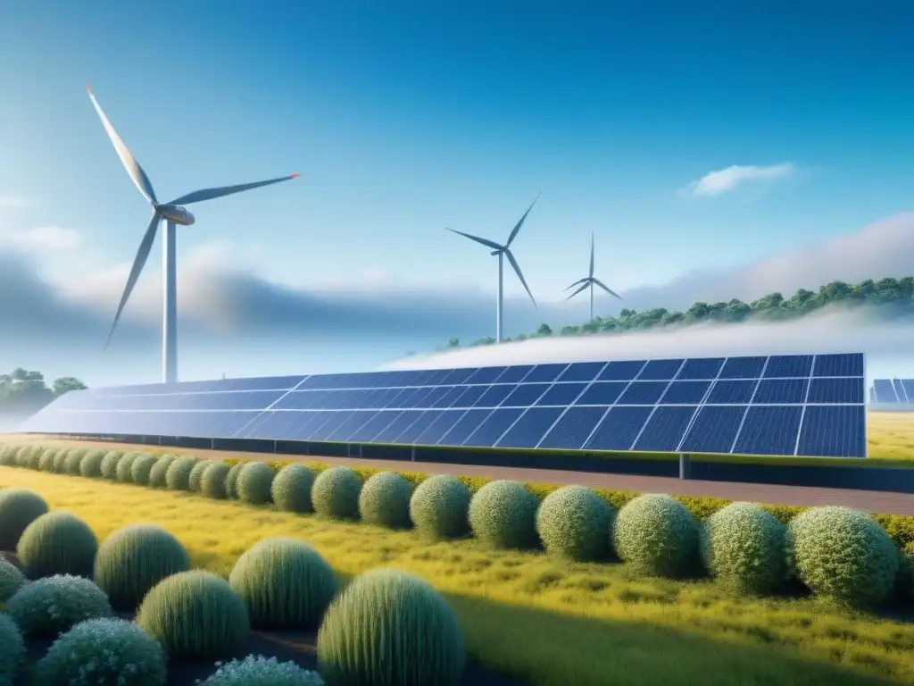 Planta industrial futurista con paneles solares y turbinas eólicas, rodeada de vegetación