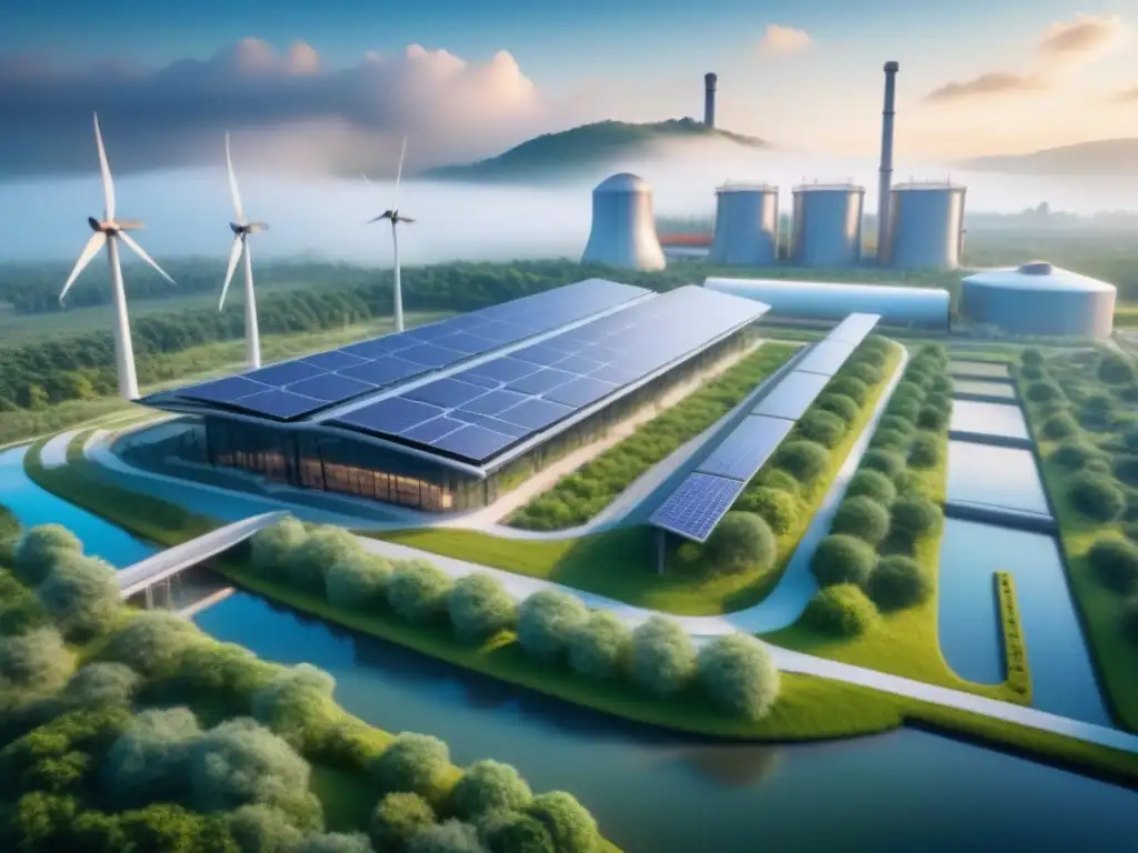 Planta industrial futurista con prácticas sostenibles conforme a normativas internacionales